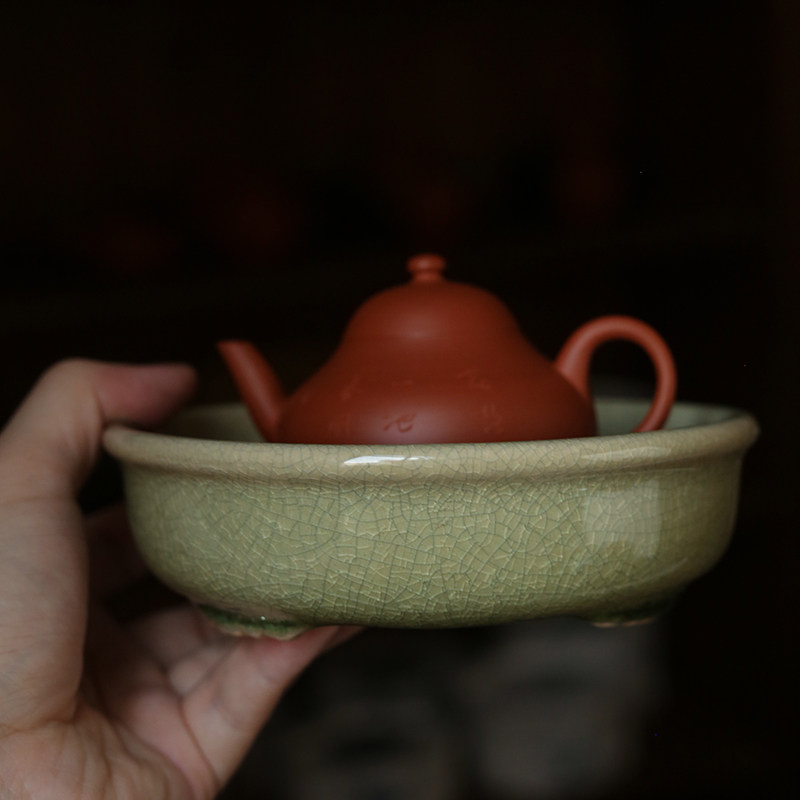 玩物集漳州窑绿釉壶承开片养茶壶托干泡台托盘仿古潮汕工夫茶杯钵