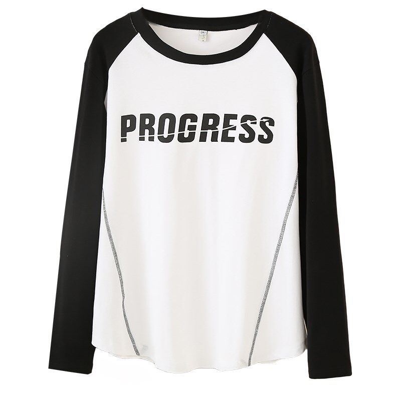 大码女黑白撞色春秋冬季2024长袖T恤胖mm内搭打底衫宽松纯棉上衣