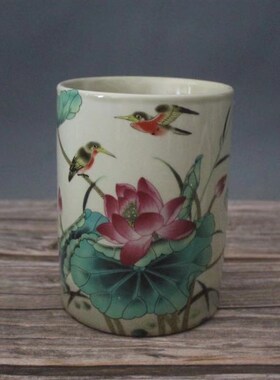 同治粉彩荷花图笔筒景德镇仿古陶瓷家居装饰办公展柜摆件收藏做旧