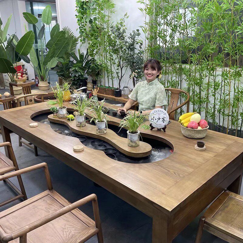 曲水流觞茶桌椅组合循环流水养鱼新中式禅意实木茶台家用餐桌茶几