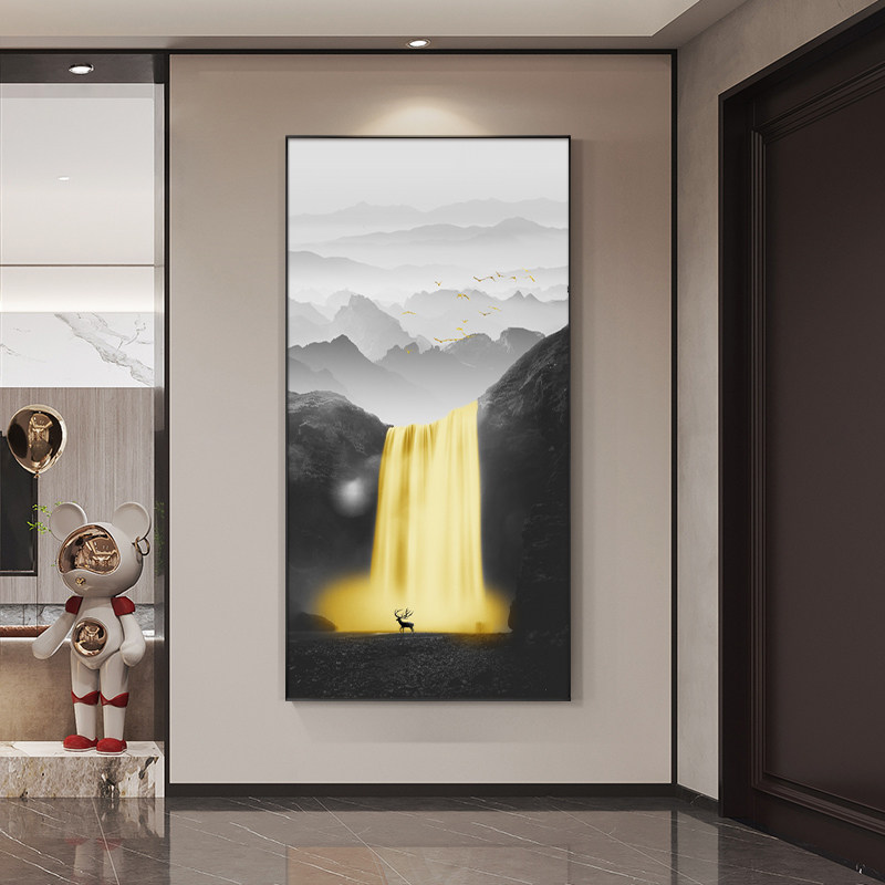 流水生财入户玄关装饰画新中式竖款走廊尽过道壁画山水寓意好挂画
