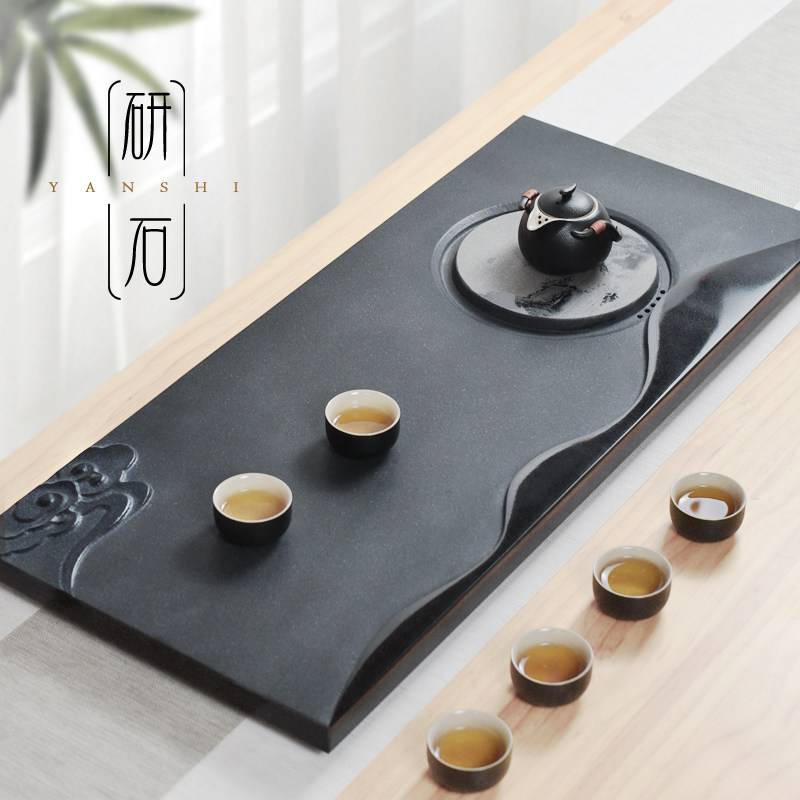 研石影雕整块乌金石茶盘大号石材天然黑金石头排水简约茶海茶台
