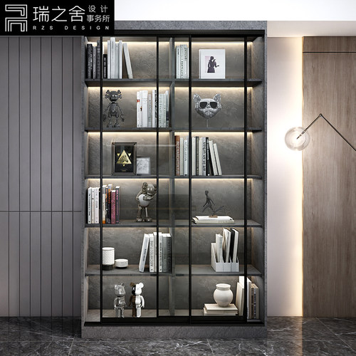 家用轻奢移门书柜推拉玻璃门展示柜书架落地收纳柜实木书橱储物柜