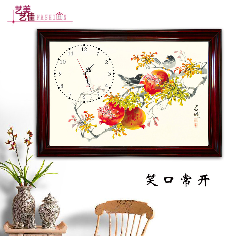 电表箱装饰画带钟表新中式实木配电箱免打孔液压上翻中国画遮挡画