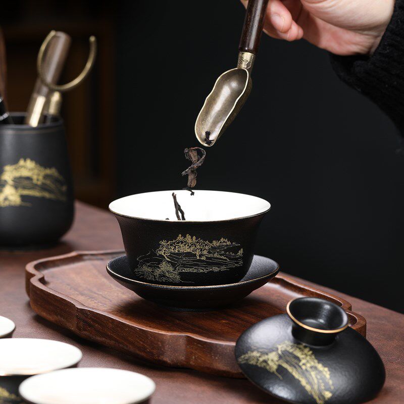 陶瓷茶具套装泡茶壶茶杯子粗陶黑杯具紫砂家用盖碗功夫喝茶办公室