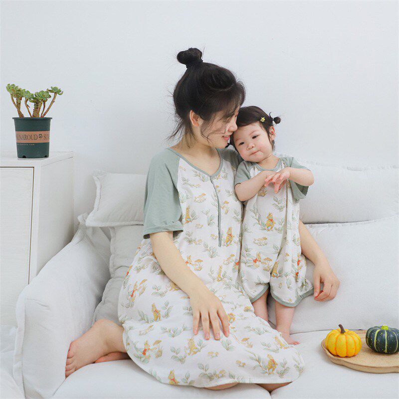 新亲子睡衣!薄款竹棉纱布家居服宝宝夏季睡袋柔软透气可哺乳睡裙