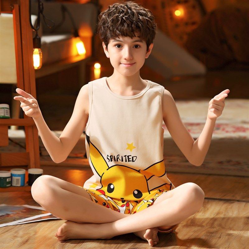 儿童背心睡衣男童夏季无袖纯棉中大童男孩宝宝全棉夏天家居服套装