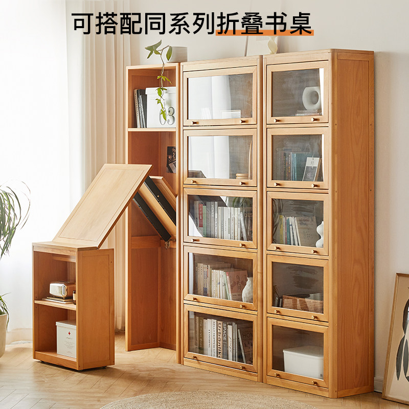 实木上翻门书柜书桌一体自由组合柜子书房储物柜客厅玻璃门防尘柜