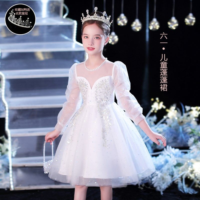 女童钢琴表演服小提琴演奏白色纱裙生日公主裙婚礼花童礼服合唱服