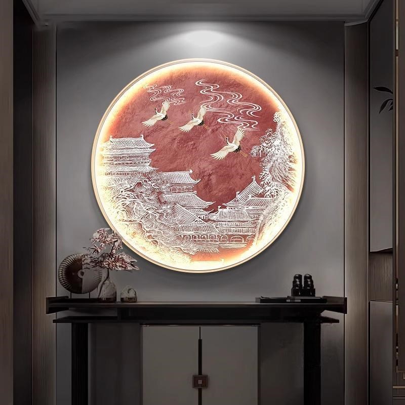 寓意好玄关装饰画新中式入户正对门壁画客厅餐厅圆形发光led灯画
