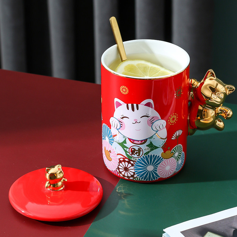 创意中国风杯子陶瓷招财猫大容量国潮马克杯咖啡杯情侣水杯带盖勺