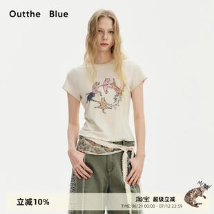 圆领印花莱赛尔亚麻合体短袖 新款 T恤女 Blue跳舞猫夏季 Outthe