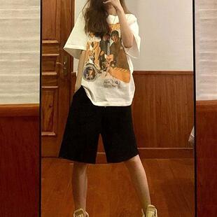 女夏季 高腰阔腿五分裤 薄款 宽松显瘦直筒中裤 休闲大码 黑色运动短裤