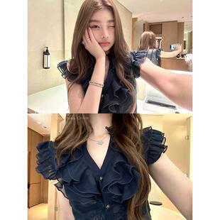 车迟恩Chien 世家香赫本 法式V领雪纺衬衫夏荷叶木耳边无袖上衣女