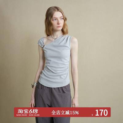 someone sometimes原创设计感不规则单肩斜肩针织背心上衣女短袖