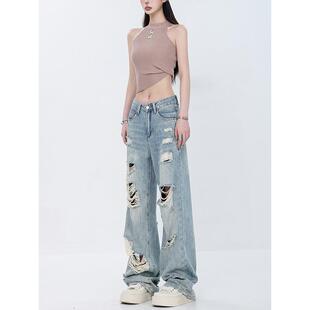 女直筒宽松显瘦阔腿裤 ABWEAR夏季 街头蓝色破洞水洗牛仔裤 美式 新款