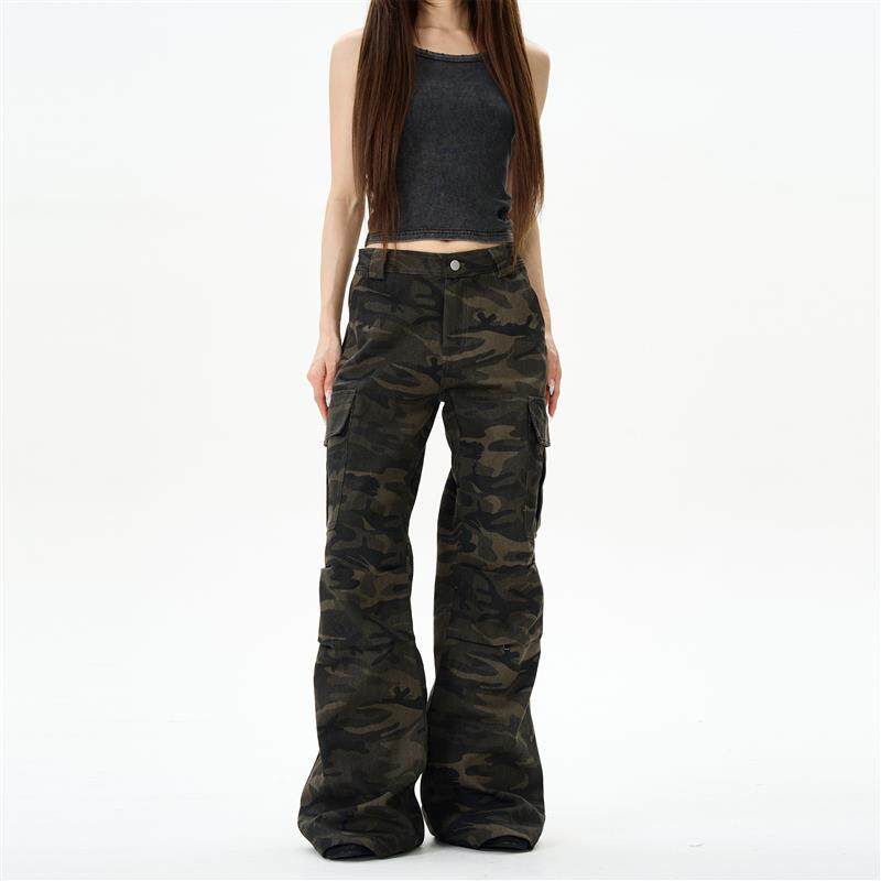 尾郎的店美式复古微喇叭迷彩裤男潮牌痞帅高级感工装裤情侣裤子潮