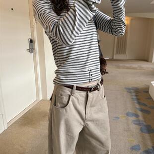 LelyMooch 女秋冬内搭弹力打底上衣 软糯灰白条纹下摆排扣针织衫