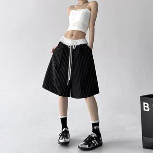 新款 女2025夏季 美式 低腰宽松卫裤 子 复古显瘦条纹西装 直筒五分裤 裤