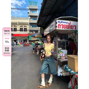 ffcheer 东京24S 美式复古牛仔短裤女夏季直筒低腰五分中裤子七分