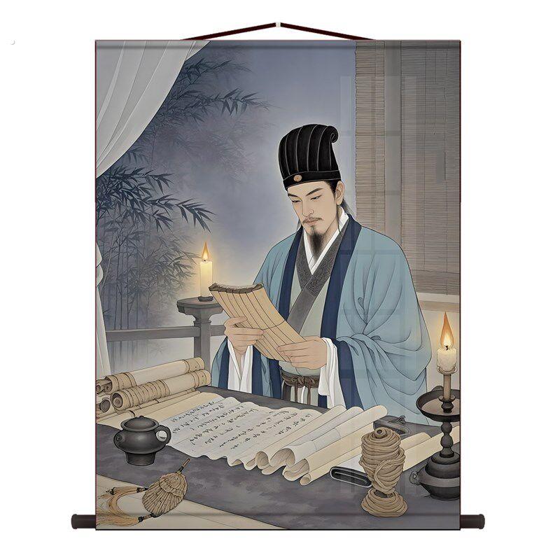 诸葛亮画像茅庐夜读客厅办公室装饰中式励志创意卷轴画挂画高清