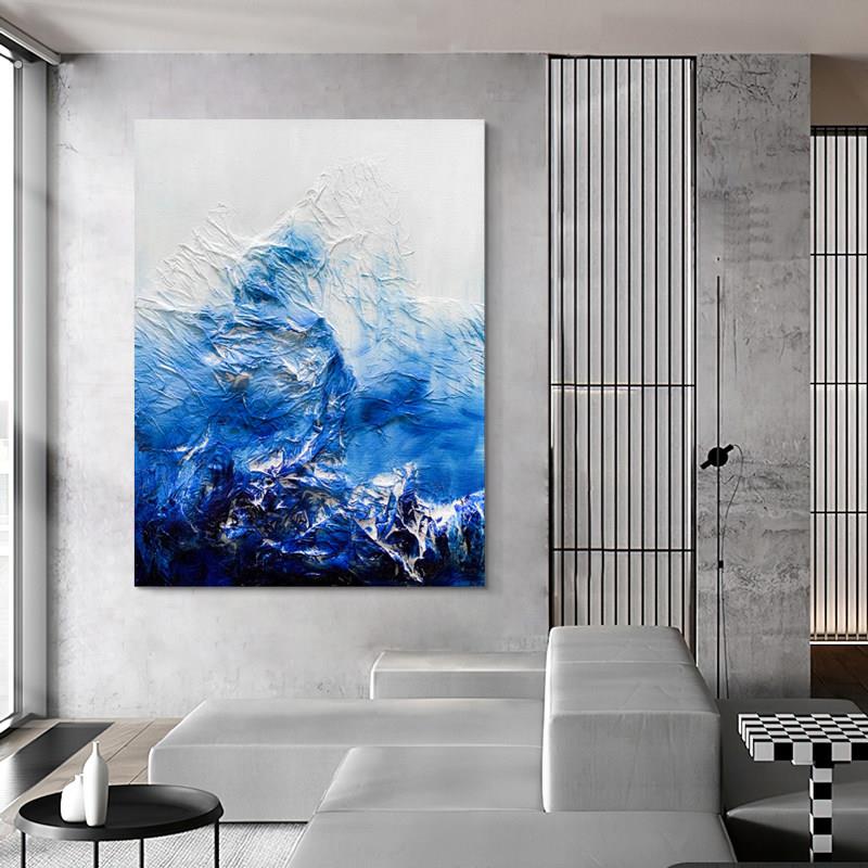 客厅手绘油画玄关肌理画极简水墨风蓝色大山装饰画抽象派餐厅挂画