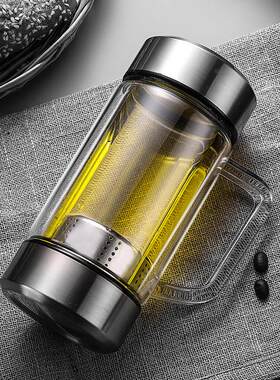 双头盖茶水分离泡茶杯办公室带把盖过滤男大容量创意玻璃喝水杯子