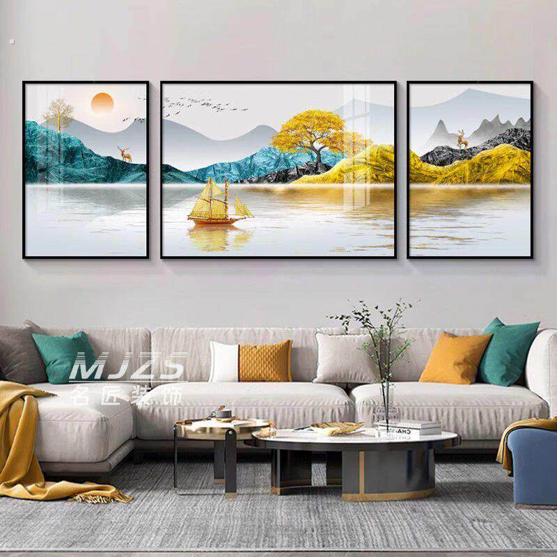 旭日东升客厅装饰画新中式沙发背景墙壁画现代轻奢挂画三联山水画