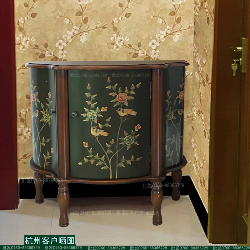 半圆美式玄关柜欧式实木客厅装饰柜子置物柜田园手绘小边柜门厅柜