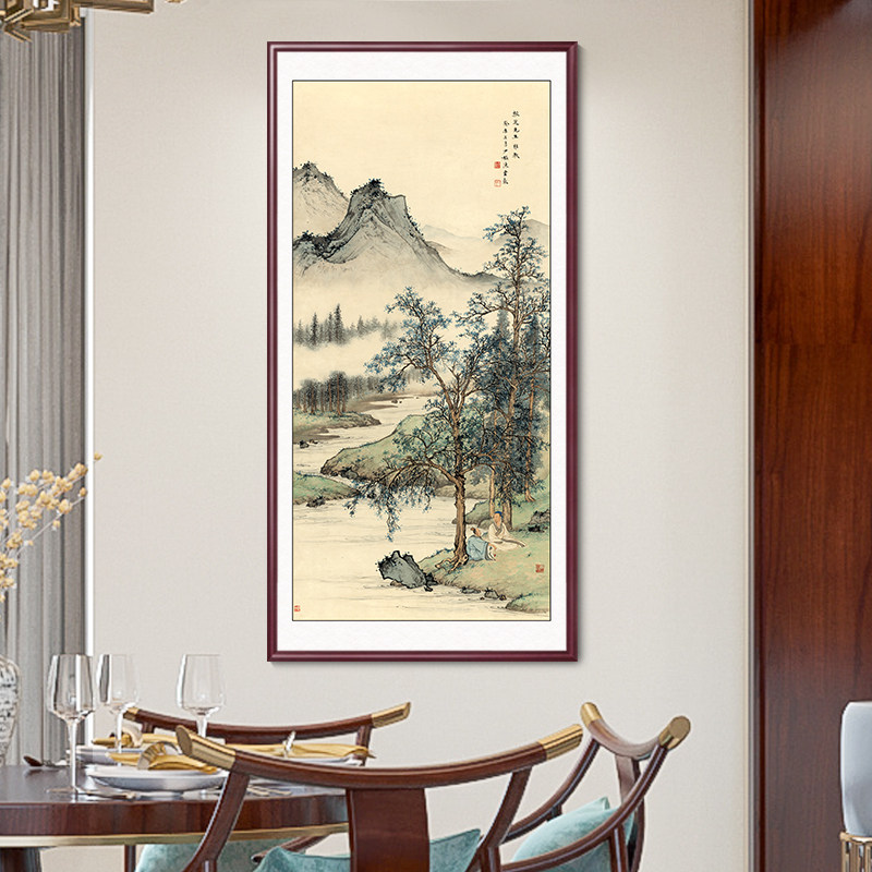 张大千国画山水画竖版玄关装饰画客厅办公室挂画茶室走廊过道壁画