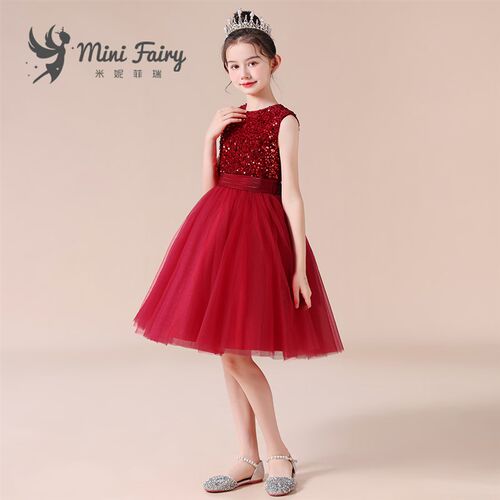 小仙女儿童礼服酒红亮片短裙钢琴演出小提琴演奏服主持人表演比赛