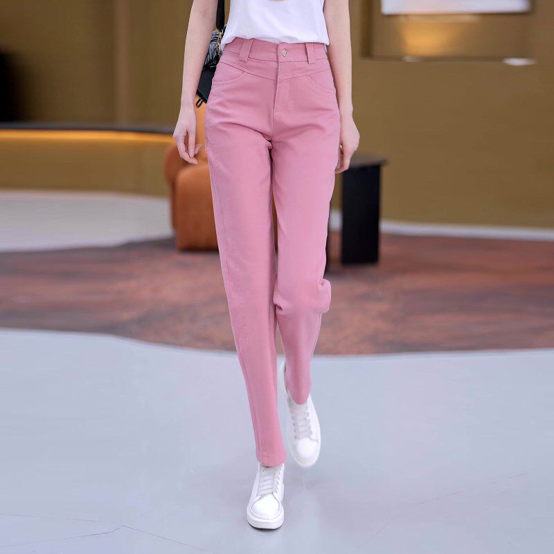粉色软牛仔直筒裤女夏季薄款2024年新款高腰显瘦窄版烟管女裤夏天