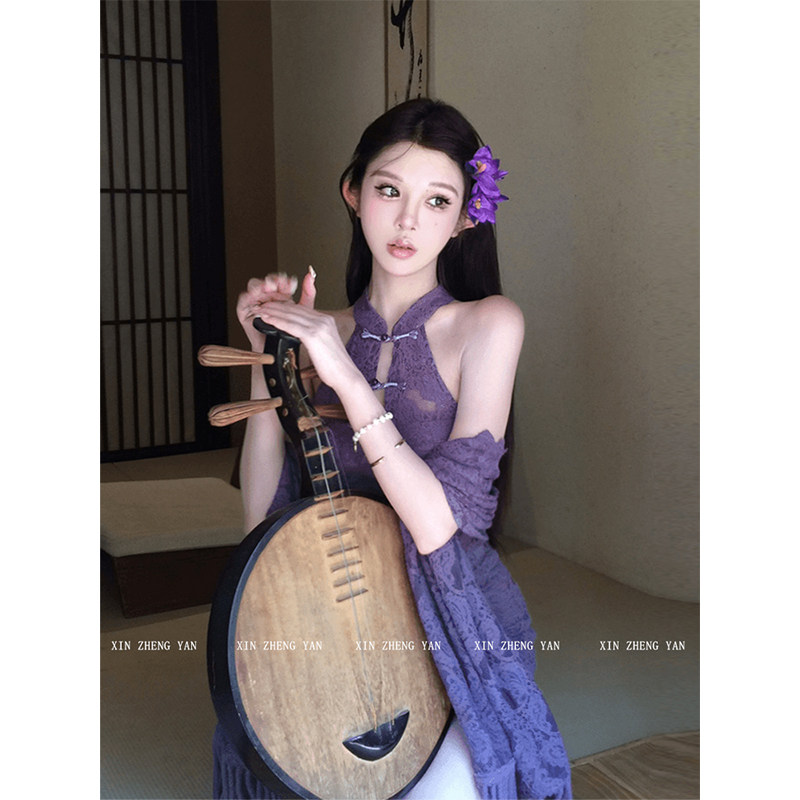 XZY/欣争艳 微胖mm新中式气质紫色蕾丝包臀裙女初秋百搭开衫套装