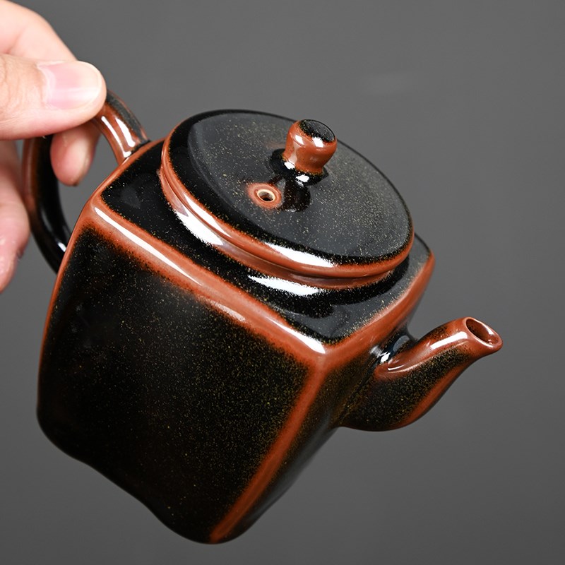 复古茶末釉四方壶家用陶瓷茶壶功夫茶具冲茶器带过滤球孔水壶单壶