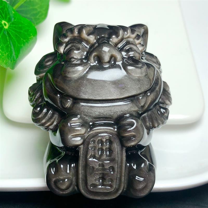天然银曜石雕刻招财进宝龙把玩件家居茶几电脑桌汽车前台水晶摆件
