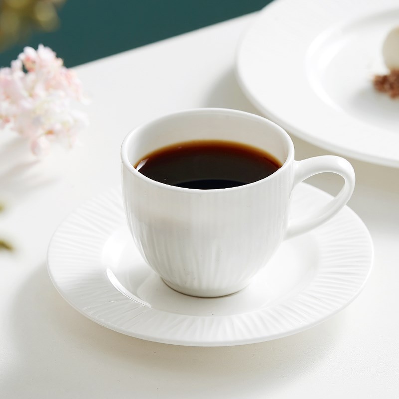 出口骨瓷白色浮雕咖啡杯碟陶瓷水杯牛奶杯下午茶欧式简约可微波