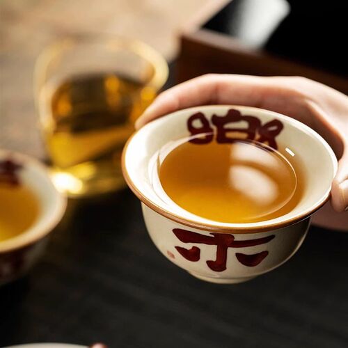 陶瓷茶杯喜乐中式茶杯结婚订婚敬茶杯垫套喜事改口杯