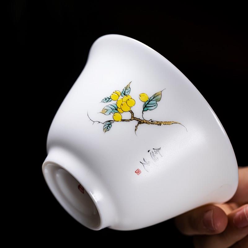 手绘白瓷素烧盖碗茶杯单个三才茶碗带盖功夫茶具套装大号泡茶高端