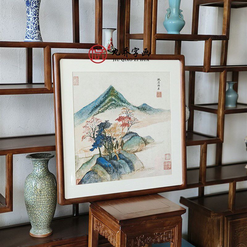 网红董其昌字画斗方山水画带框中式客厅玄关装饰画办公室书房过道