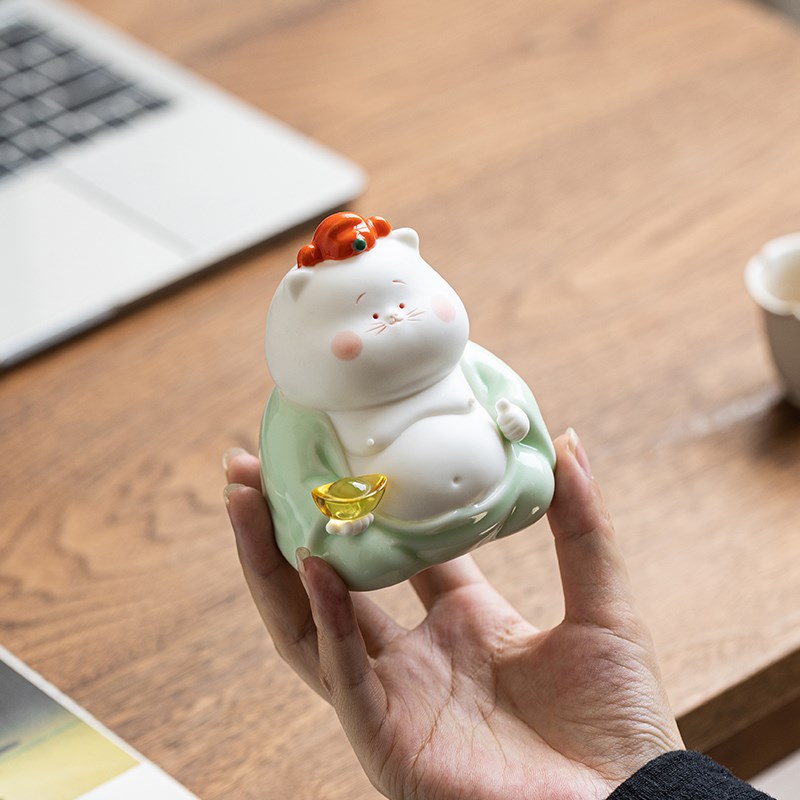 创意青瓷可爱招财猫茶宠摆件精品萌宠小猫咪茶室茶桌茶盘装饰配件