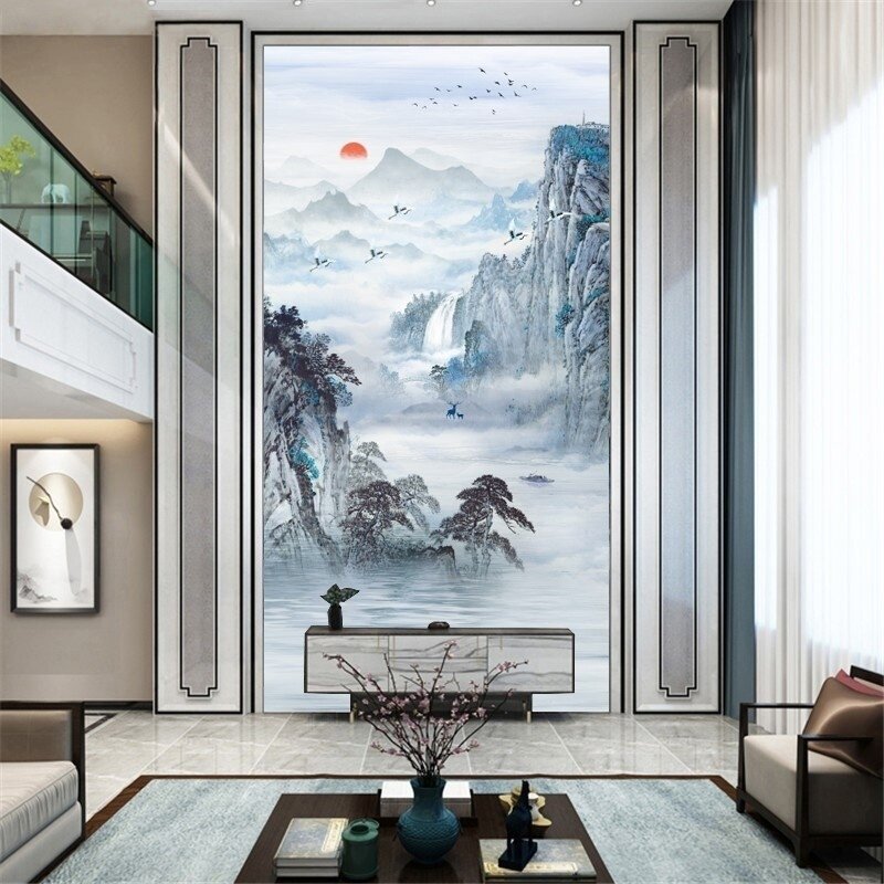 挑空客厅背景集成板影视墙画别墅挑高复式楼电视背景墙板竹木纤维