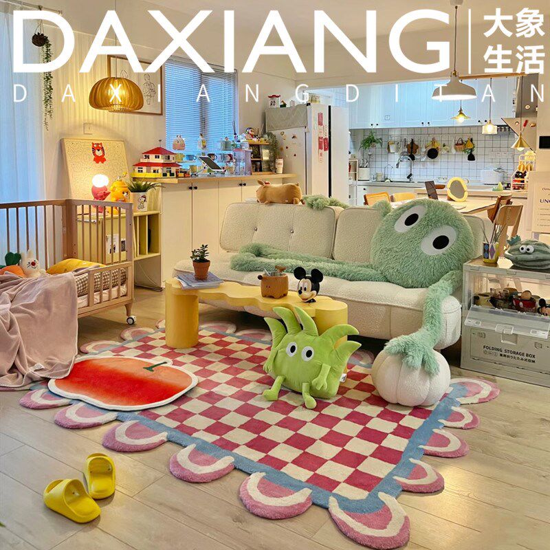 现代简约轻奢欧美花边粉白格子客厅茶几地毯卧室书房衣帽间床边毯
