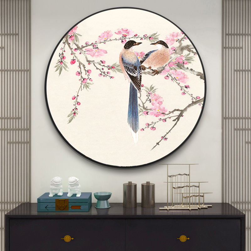 喜鹊桃花装饰画圆形高端装饰画新中式挂画桃花运风水画中国风卧室