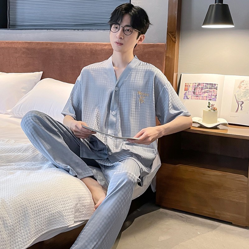 睡衣男士夏季夏天真丝短袖长裤丝绸家居服夏款男款桑蚕丝薄款套装