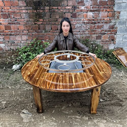 地摊火锅桌圆形实木炭盆桌农庄饭馆餐桌农村家用旋转转盘火锅桌子