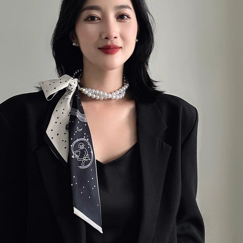 法式复古珍珠项链丝巾女百搭锁骨链丝带装饰发带领巾飘带配饰围巾
