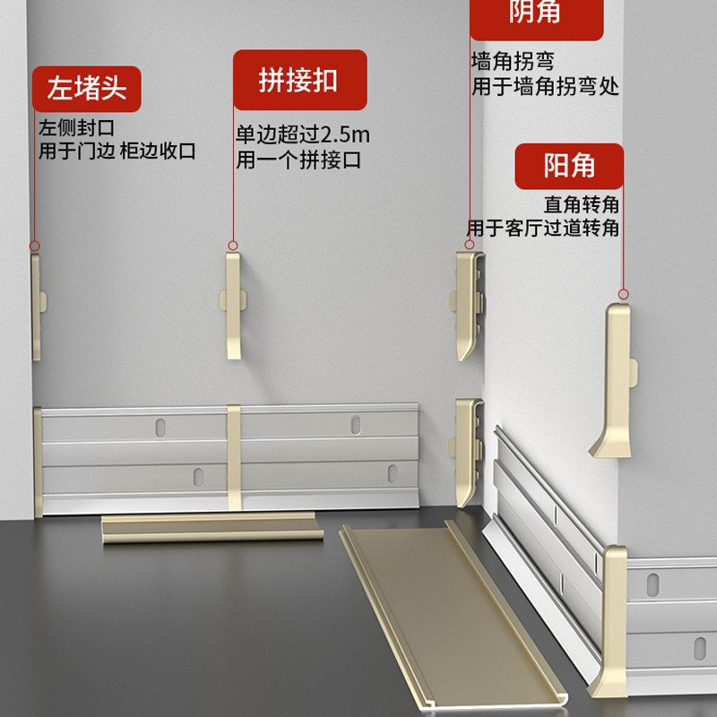 铝合金踢脚板双层卡扣式4cm超薄踢脚线不锈钢6公分金属贴脚线8cm