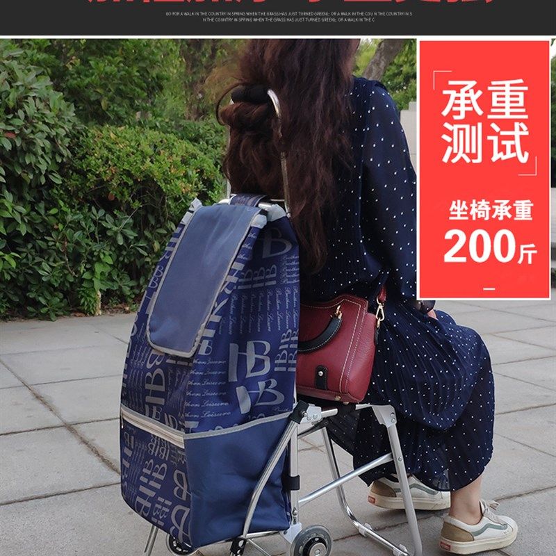 买菜小拉车老年人推车可推可坐带凳购物车有椅家用折叠拉杆手拉车