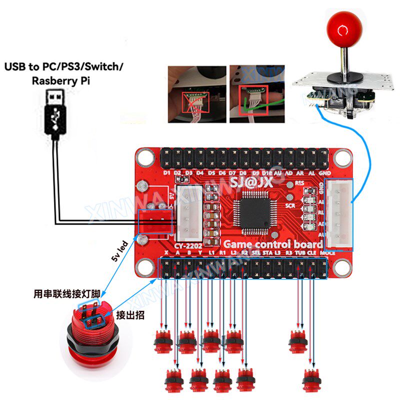 DIY 街机摇杆套件小黄板无延迟芯片电脑格斗游戏带灯按钮三和拳皇