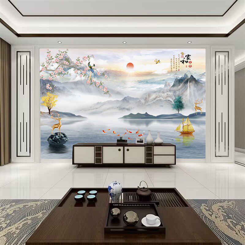 2023新款山水壁画客厅8d立体电视背景墙画影视墙纸壁纸壁布新中式